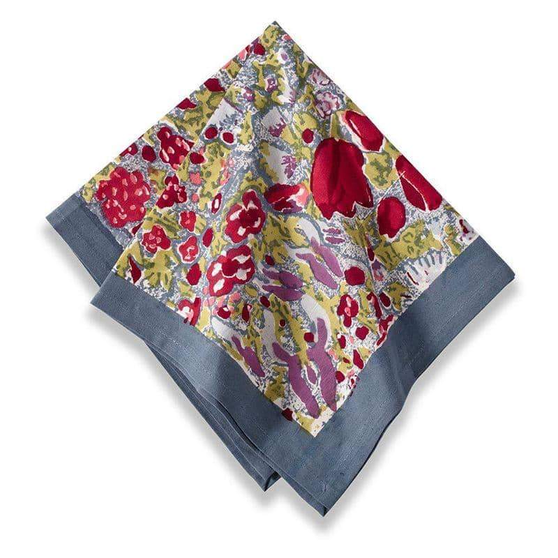 Set of six 19 x 19 Red & Grey Napkins from Caravan Home, featuring floral patterns, perfect for enhancing dining experiences with a French-inspired, hand-printed design.