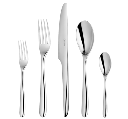Christofle | 5-Piece Place Setting L'Ame de Christofle Stainless Steel: includes a dinner fork, dessert fork, dinner knife, tablespoon, and teaspoon, perfect for elegant dining.