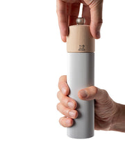 Peugeot | Line Salt Mill, Aluminum + Beechwood, Natural, 9 inches with a ribbed metal body and beech wood knob for easy grinding of dry salt crystals.