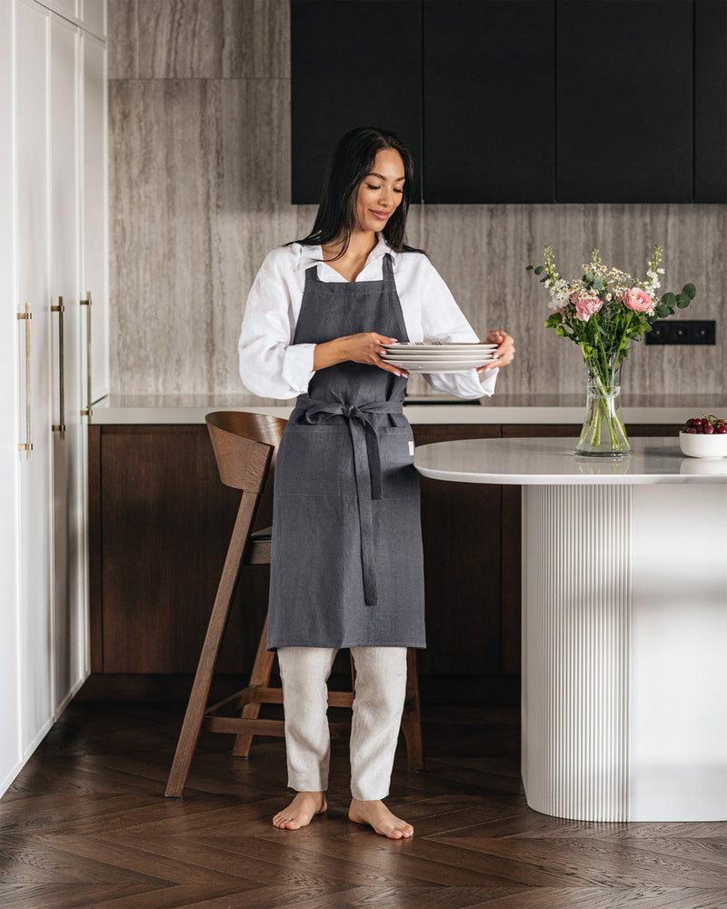 MagicLinen | Linen Bib Aprons, Charcoal Gray