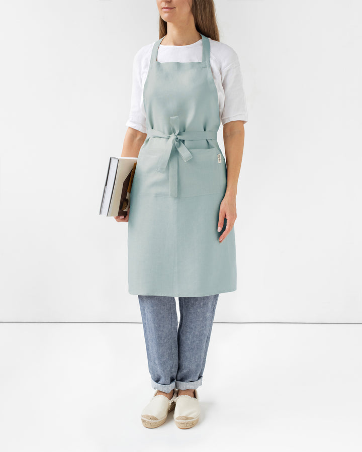 MagicLinen | Linen Bib Aprons - Dusty Blue, showcasing a durable, stone-washed linen apron with unisex fit, perfect for cooking and gardening enthusiasts.