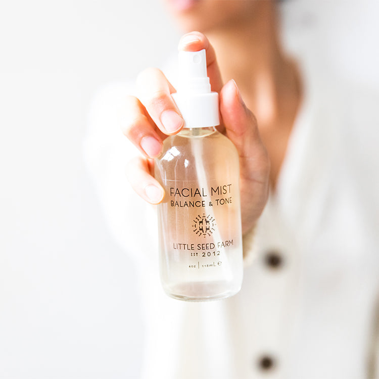 Little Seed Farm | Facial Mist & Toner bottle, featuring a pH balancing and pore refining spray, designed for post-cleansing skin care with organic aloe and herbal extracts.