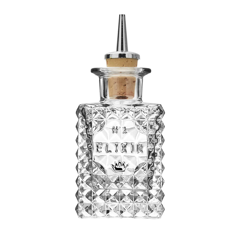 Bormioli | Mixology Dash Elixir Bottle, 3.5 oz: Clear glass, diamond-cut pattern. Cork-sealed, stainless-steel spout, perfect for dispensing bitters or liqueurs. Ideal for bar enthusiasts.