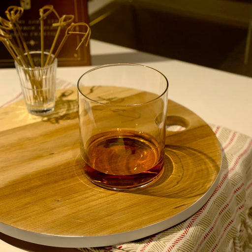 Bormioli | Premium Whiskey Glasses, 12.25 oz, Set of 6 on a wooden board, showcasing minimalist design and clarity, ideal for elegant barware at Athens Cooks.