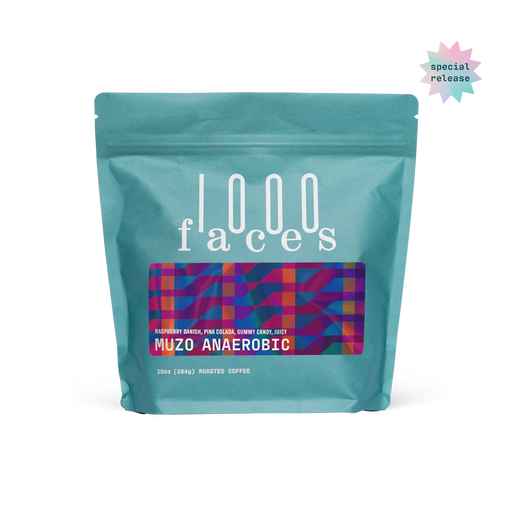 1000 Faces | Muzo Anaerobic coffee bag with white text and floral design, highlighting its dynamic fruit flavors and evolving taste experience.