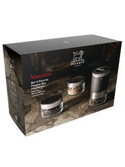 Peugeot | Maestro Pepper Bar set with grinder, two spice jars, three pepper sachets, erasable marker, and booklet, elegantly packaged for culinary exploration.