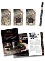 Peugeot Maestro Pepper Bar set featuring three premium pepper sachets, a pen-style mill, and a brochure, designed for culinary exploration and precision seasoning.