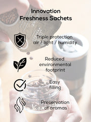 Peugeot | Maestro Pepper Bar features sachets for aroma preservation, triple protection, and eco-friendliness, shown with hands filling glass jars.