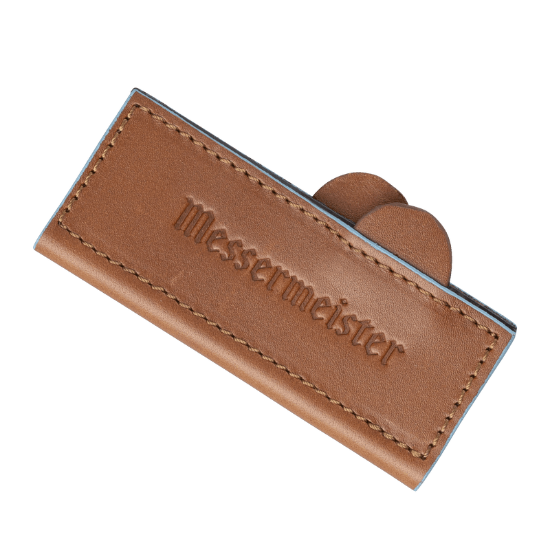 Messermeister Leather Magnetic Edge Guard, 4 inches, Brown; a slim, stitched leather pouch with magnetic closure for protecting paring knives.