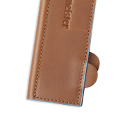 Messermeister Leather Magnetic Edge Guard, 8.5 Inches, Brown, showcasing premium leather with stitched edges and magnetic closure for knife blade protection.