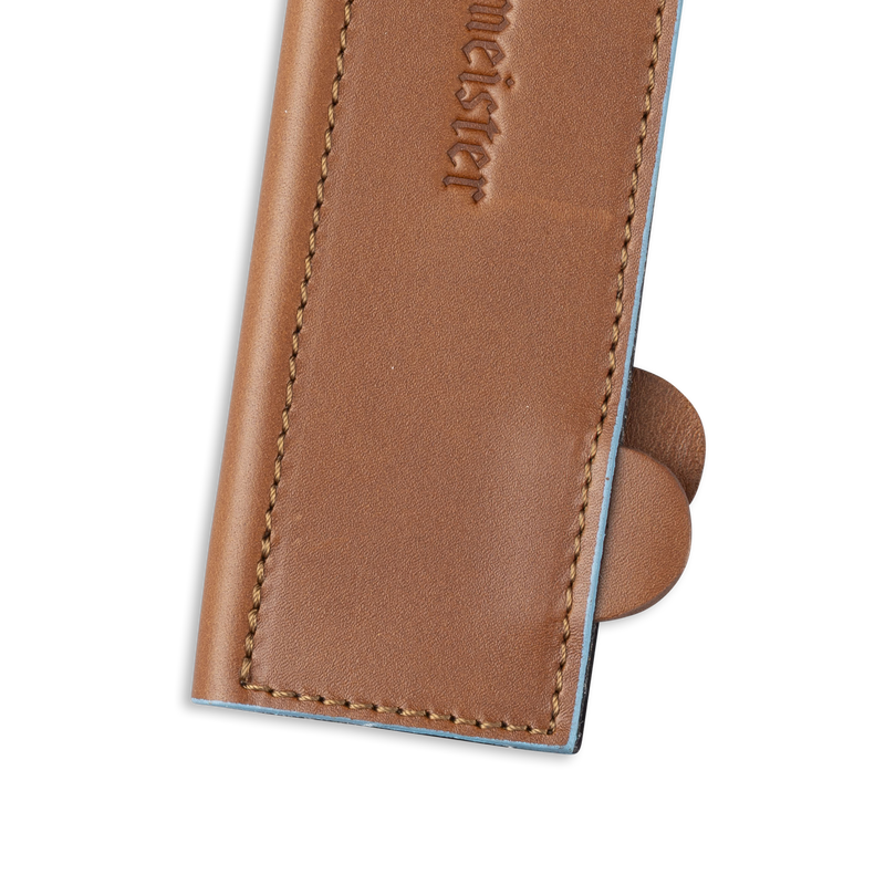 Messermeister Leather Magnetic Edge Guard, 8.5 Inches, Brown, showcasing premium leather with stitched edges and magnetic closure for knife blade protection.