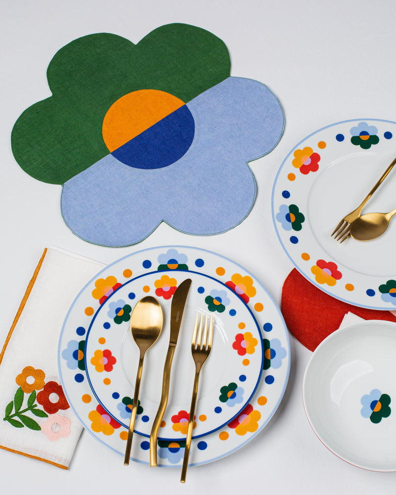 Misette | Colorblock Embroidered Linen Placemats, Blue, Set of 4