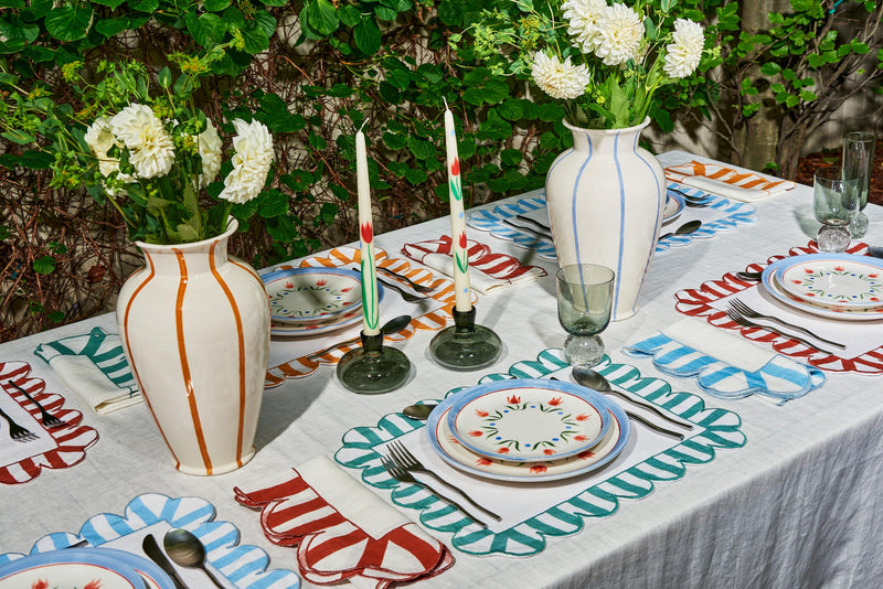 Misette | Jardin Embroidered Linen Scalloped Stripe Double-Sided Placemats in Blue, Set of 4