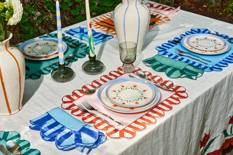 Misette | Jardin Embroidered Linen Scalloped Stripe Double-Sided Placemats in Blue, Set of 4