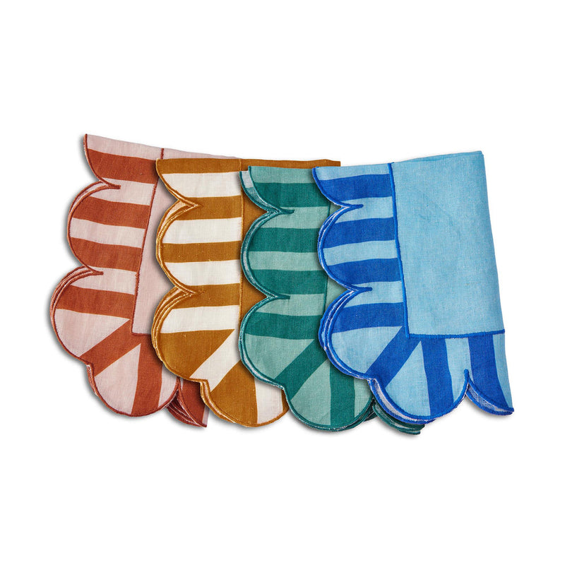 Misette | Jardin Embroidered Linen Scalloped Stripe Napkins with Color Backing in Blue, Set of 4