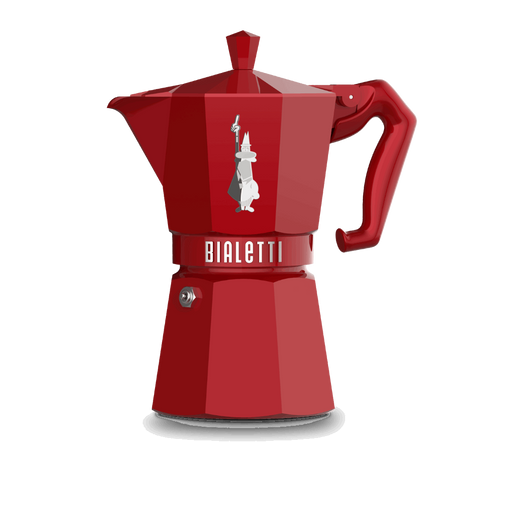 Bialetti | Red Moka Express - 6 Cups: Glossy red aluminum stovetop espresso maker with vintage-style finishes and mustachioed character, perfect for brewing authentic coffee.