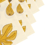 Set of six 19 x 19 Fig Citrine Napkins from Caravan Home, featuring handprinted citrine figs and leaves on French linen, ideal for elegant table settings.