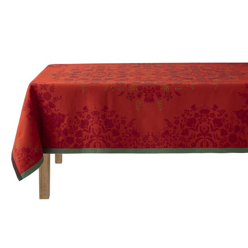 Le Jacquard Francais | Féerie Tablecloth, Red, 69 x 98, with intricate damask floral patterns and forest green trim, perfect for enhancing festive dining.
