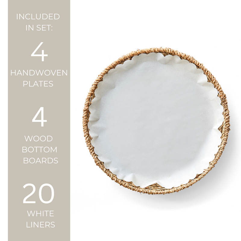 Seagrass plate with a white cloth liner, showcasing eco-friendly design and texture, ideal for dining décor; part of Athens Cooks' curated kitchen collection.