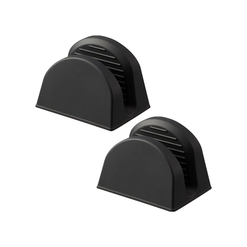 Yamazaki Home's Magnetic Pot Holders, Silicone, Black, designed to securely hold pot lids upright, offering a practical, heat-resistant solution for organized countertop cooking.
