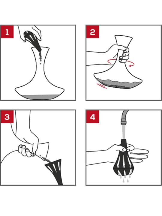 Diagram of a hand pouring liquid into a vase, symbolizing Peugeot's Bilbo Cleaning Beads for Decanter, found at Athens Cooks, specializing in kitchen and barware essentials.