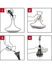 Peugeot Bilbo Cleaning Beads for Decanter: A four-step guide on cleaning decanters using metal beads and a silicone rinse tool, perfect for removing wine residue.