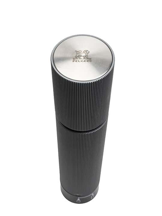 Peugeot | Preserve Duo - Carbon, a sleek cylindrical waste container with a dog logo, ideal for kitchen use, available at Athens Cooks.