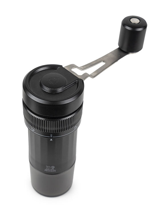 Peugeot | Presto Coffee Mill, 8 inches, featuring a crank handle, adjustable grind ring with preparation modes, and a cylindrical hopper for versatile coffee brewing.