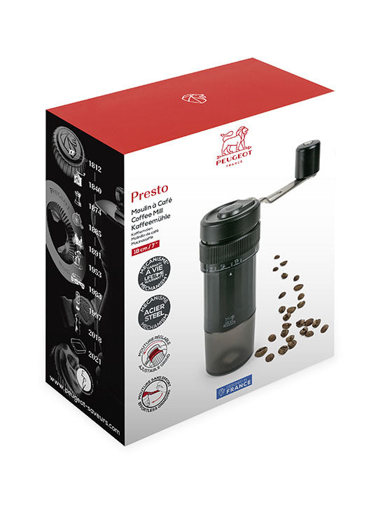 Peugeot | Presto Coffee Mill, 8 inches - manual hand-crank grinder with adjustable grind settings for various coffee methods, featuring the Peugeot lion logo.