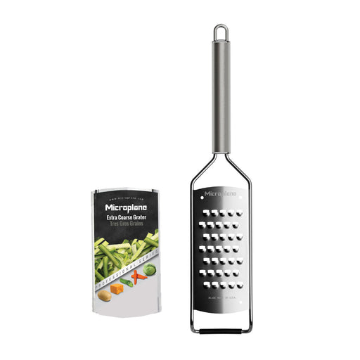 Microplane Professional Series Extra Coarse Cheese Grater with stainless steel frame and handle, shown with replacement blade insert packaging. Ideal for chefs and home cooking enthusiasts.