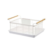 Yamazaki Home | Steel + Wood Dish Rack with Drainer Spout featuring a sleek wire frame, wooden handles, and detachable utensil holder on a drip tray.