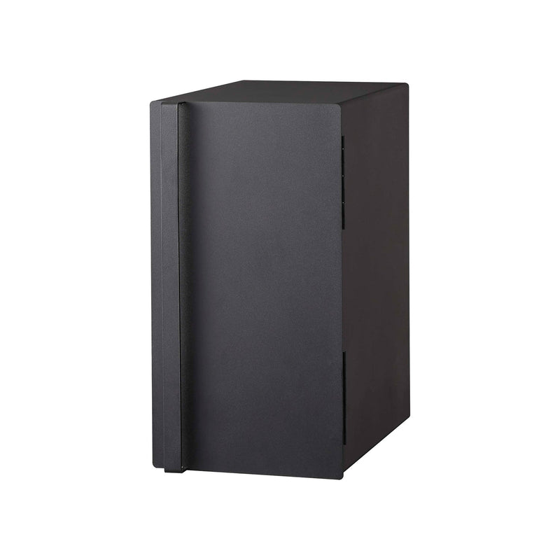 Yamazaki Home | Bread Box, Vertical, Steel, Black: A sleek, matte-black tower enclosure designed to keep baked goods fresh, with a hinged side for airflow and a magnetic closure.