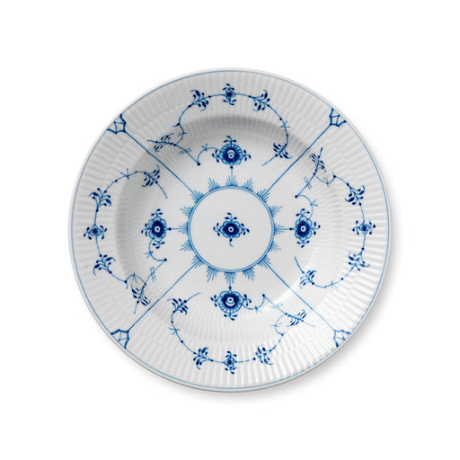 Royal Copenhagen | Blue Fluted Plain Plate Deep, 23cm: A porcelain plate with cobalt-blue floral and scroll pattern, fluted rim, perfect for elegant table settings.