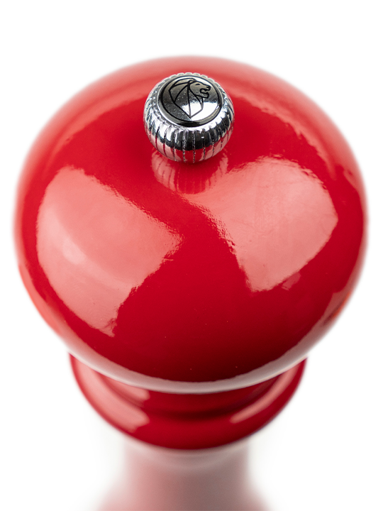 Peugeot | Paris Chef u'Select Passion Red Pepper Mill, 12 inches, showcasing its glossy top with adjustable metal knob for precise coarseness control.