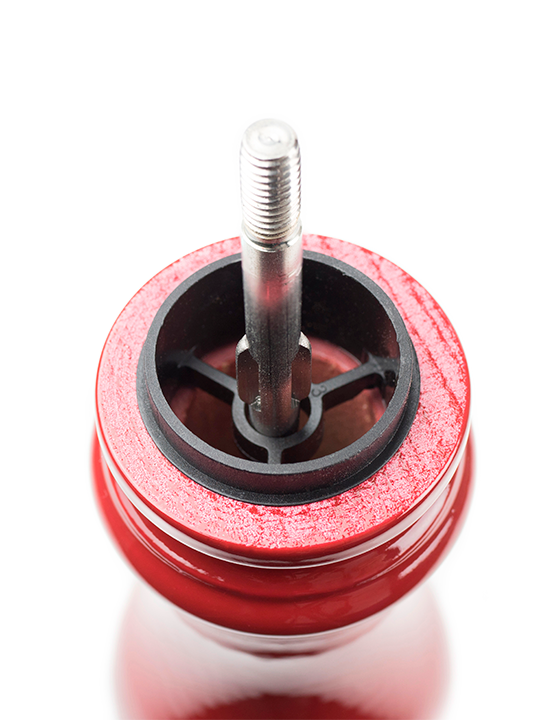 Peugeot | Paris Chef u'Select Passion Red Pepper Mill, 9 inches, top-down view showing stainless steel liner and black sealing gasket, reflecting Athens Cooks' curated kitchen elegance.