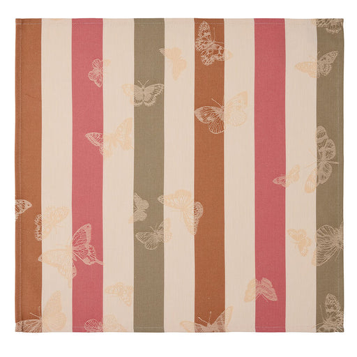 Le Jacquard Francais Bal Des Papillons Napkin features cream, dusty pink, olive-green, and rust stripes with butterfly silhouettes, offering an enchanting, tranquil table setting accessory.