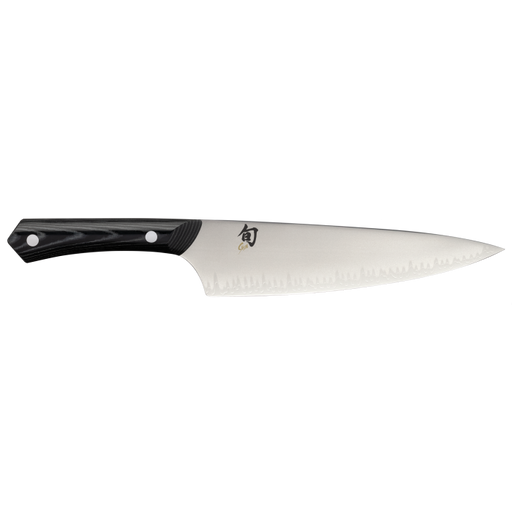 Shun | Narukami 8 Chef's Knife with a slender stainless-steel blade, hammered finish, and dark pakkawood handle, designed for professional performance and balance.