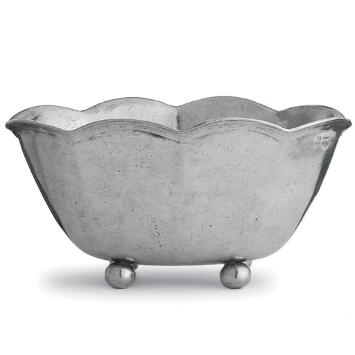 Arte Italica & Crown Linen Designs | Vintage Scalloped Bowl: A handcrafted Italian pewter bowl with scalloped rim and ball feet, ideal for condiments or decorative use.