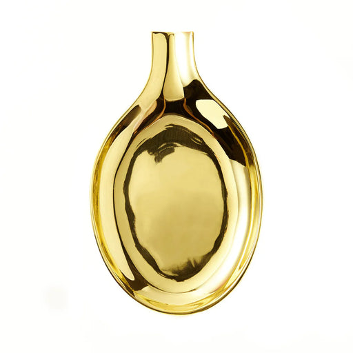 Sir|Madam Brass Spoon Rest, Large; a small, reflective gold-tone decorative vase with a narrow neck, ideal for enhancing kitchen aesthetics at Athens Cooks.
