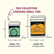 Spicewalla Masala Collection Gift Set size comparison: Small tin holds 3 oz, 2.5x1.75; large tin holds 7 oz, 3.125x2.25.