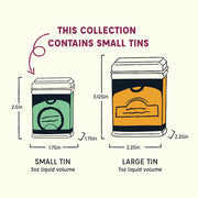Size comparison of Spicewalla | Mediterranean Collection 3 Pack Gift Set tins, showing small (3 oz) and large (7 oz) dimensions.