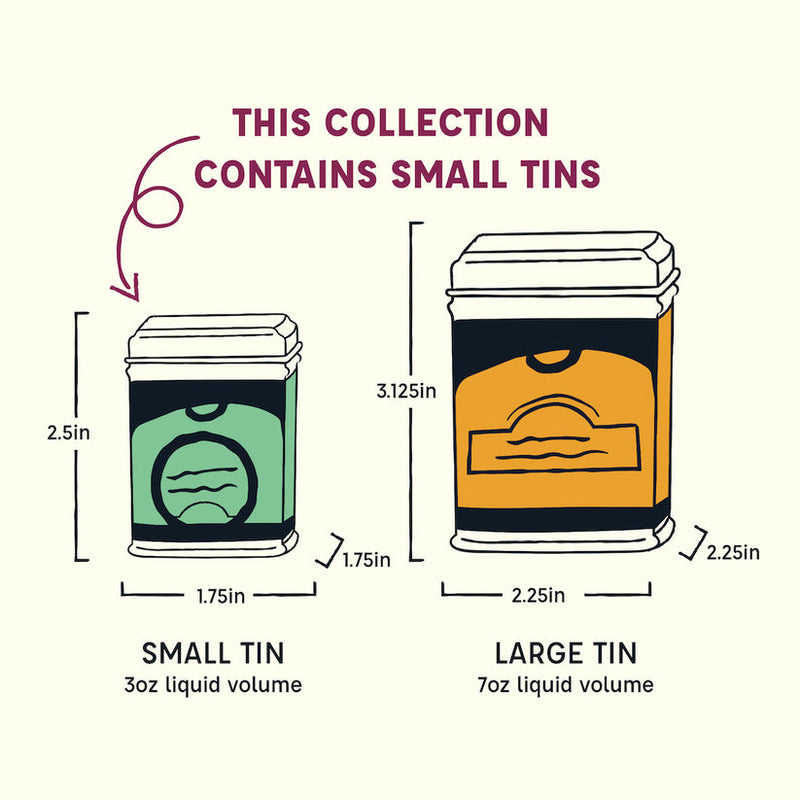 Size comparison of Spicewalla | Mediterranean Collection 3 Pack Gift Set tins, showing small (3 oz) and large (7 oz) dimensions.