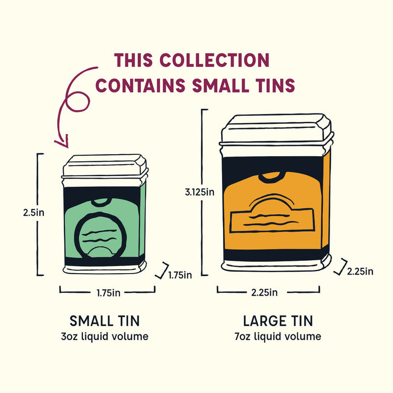 Spicewalla | Kitchen Essentials Collection Gift Set: Comparison of small and large tins, each with dimensions and capacities, perfect for rejuvenating any kitchen with fresh spices.