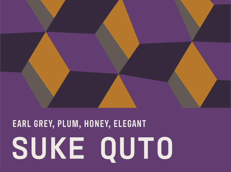 1000 Faces Coffee - Winter Solstice: A vibrant packaging design featuring white text on purple and orange cubes, emphasizing mindful coffee consumption and quality.