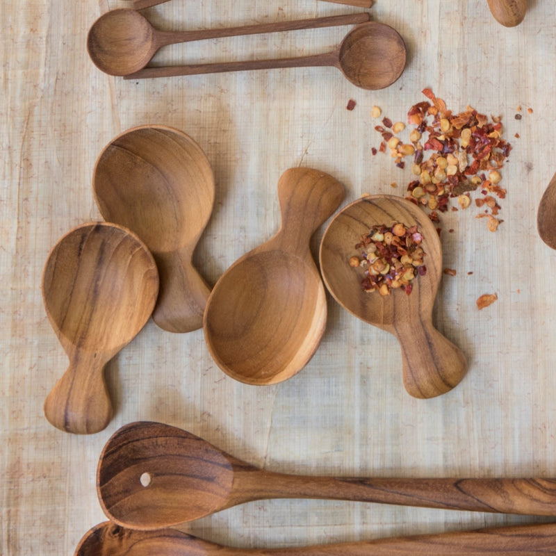 Be Home | Teak Round Scoop Mini Set of 4, crafted from natural teak wood, ideal for nonstick cookware. Perfect for cooking, serving, and stirring.