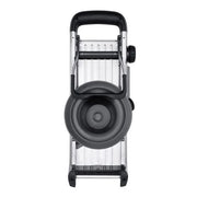 Close-up of the OXO Chef's Steel Mandoline, showcasing its angled Japanese blade and elegant stainless steel design for precision slicing.