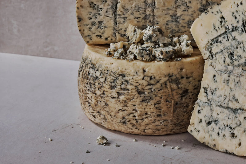 Sweet Grass Dairy | Asher Blue cheese wheel with visible blue mold on a white surface, showcasing its creamy-crumbly texture and award-winning craftsmanship.