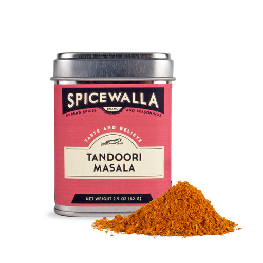 Spicewalla | Tandoori Masala tin with a spice pile, ideal for enhancing meat, chicken, and vegetables with a spicy, tangy flavor.