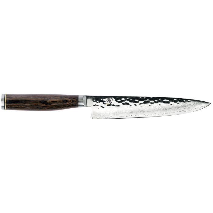 Shun | Premier Utility 6.5 Walnut knife with hammered blade and Damascus pattern, featuring a D-shaped PakkaWood handle, ideal for precision kitchen tasks.