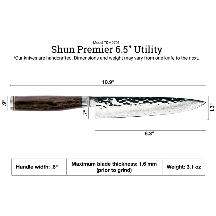 Shun | Premier Utility 6.5 Walnut knife with a hammered tsuchime finish, Damascus-clad blade, and dark PakkaWood handle, ideal for precise kitchen tasks.